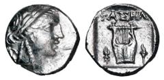 LYCIA, Pseudo-Lycian League, Phaselis. after 168 BC. AR Drachm (3.77 gm). Laureate head of Apollo / Lyre in shallow incuse square, thunderbolt and torch on either side. Troxell.53. Toned aXF.