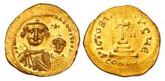 BYZANTINE EMPIRE. Heraklios, 610-641 AD. Gold Solidus (4.48 gm) of Constantinople. Crowned facing busts of emperor & son / Cross on four steps. S.741A. aXF.