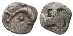 Islands off Thrace, Thasos. ca. 500-480 B.C. AR tetartemorion(?) (6.59 mm, .13 g). Dolphin swimming right; pellet above and pellet below / Quadripartite incuse square. Unpublished; cf. Le Rider, Thasi