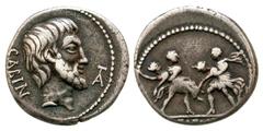 L. Titurius L.f. Sabinus. 89 B.C. AR denarius (18.29 mm, 3.88 g, 6 h). Rome mint. SABIN, Bare head of Tatius right; TA monogram to right of chin / L·TITVRI, two soldiers, facing each other, each carry
