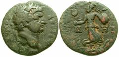 Pamphylia, Side. Domitian. As Caesar, A.D. 69-81. AE 18 (18.2 mm, 3.51 g, 1 h). Struck after A.D. 83. ΔOMITIANOC KAICAP, laureate head right / CID-HT, Athena advancing left, holding spear and shield; 