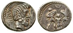 L. Titurius L.f. Sabinus. 89 B.C. AR denarius (17.21 mm, 3.97 g, 5 h). Rome mint. SABIN, Bare head of Tatius right; TA monogram to right of chin / [L·TITVRI], two soldiers, facing each other, each car