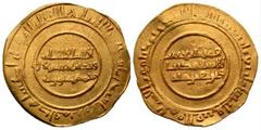 Zirids of Qayrawan. al-Mu'izz bin Badis. AH 407-454 (A.D. 1016-1062). AV dinar (23 mm, 3.96 g). Madinat 'Izz al-Islam wa'l-Qayrawan mint, AH 444 (A.D. 1052/1053). Islamic inscription within circle; Is