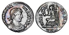 GRATIAN, 367-383 AD. AR Siliqua (1.99 gm) of Treveri. Diademed draped and cuirassed bust / Roma seated on cuirass, holding victory on globe and reversed spear. RIC.45c1. Toned XF. ex East Harptree Hoa