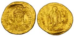 BYZANTINE EMPIRE. Justinian I, 527-565 AD. Gold Solidus (4.47 gm) of Constantinople. Crowned bust facing / Angel standing, facing. S.140. VF.