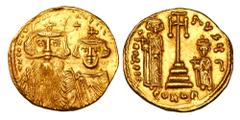BYZANTINE EMPIRE. Constans II, 641-668 AD. Gold Solidus (4.37 gm) of Constantiniople. Crowned busts of emperor & son / Cross between Heraklios & Tiberios. S.964. Near Mint