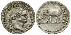 Titus. A.D. 79-81. AR denarius (17.34 mm, 3.16 g, 7 h). Rome mint, struck A.D. 80. IMP TITVS CAES VESPASIAN AVG P M (ccw), laureate head of Titus right / TR P IX IMP XV COS VIII P P, elephant, wearing