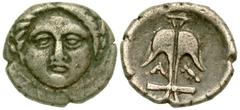Thrace, Apollonia Pontika. AR diobol (trihemiobol ?) (10.84 mm, .95 g, 1 h). ca. 5th-4th century B.C. Laureate head of Apollo facing, with closed mouth / Anchor; A - crayfish in fields beneath flukes.