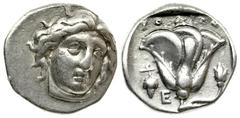Caria, Islands off Caria. Rhodos. 387-304 B.C. AR didrachm (19.56 mm, 6.76 g, 12 h). struck 340-316 B.C. Head of Helios three-quarters facing to right, hair loose / POΔION, ethnic above rose with bud 