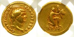 Domitian. As Caesar, A.D. 69-81. AV aureus (7.10 g, 7 h). Rome mint. DOMITIANVS CAESAR AVG F, laureate head right / COS V, captive kneeling right, offering military standard in raised right hand and e