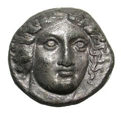 United States Islands off Caria, Rhodos. Rhodes. 408-404 B.C. PB tetradrachm (23.7 mm, 11.16 g). UNIFACE LEAD / ROSA OFF-METAL TRIAL STRIKE. Head of Helios facing slightly right / cf. BMC 11; CD-128va