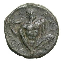 United States Sicily, Naxos. Ca. 461-430 B.C. PB tetradrachm (25.6 mm, 9.74 g). UNIFACE LEAD / ROSA OFF-METAL TRIAL STRIKE. ΝΑΧΙΟΝ, Silenos, nude and bearded, squatting half-left, holding kantharos in