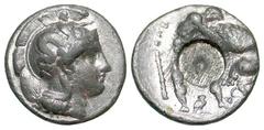 United States Lucania, Herakleia. Ca. 433-400 B.C. PB didrachm (20.3 mm, 8.16 g, 5 h). BIFACE LEAD / ROSA OFF-METAL TRIAL STRIKE. Head of Athena right, wearing crested Corinthian helmet decorated with