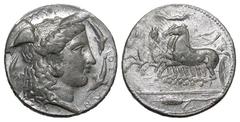 United States Sicily, Syracuse. Second Democracy. 466-405 B.C. PB tetradrachm (30.0 mm, 11.30 g). BIFACE LEAD / ROSA OFF-METAL TRIAL STRIKE. ΣYPAKΩΣIΩN, diademed head of Arethusa right; four dolphins 