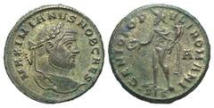 Roman Imperial Galerius. As Caesar, A.D. 293-305. Æ Follis (27.7 mm, 9.92 g, 7 h). Siscia, A.D. 295. MAXIMIANVS NOB CAES, laureate head right / GENIO POVLI ROMANI, Genius standing left, wearing modius