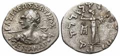 Non-Classical Cultures Graeco-Baktrian Kingdom. Menander I. Ca. 165/55-130 B.C. AR drachm (16.7 mm, 2.36 g, 11 h). Diademed bust left seen from behind, wielding spear, aegis on shoulder / Athena Alkid