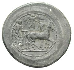 Exonumia Sicily, Syracuse. Hieron I. 478-466 B.C. PB tetradrachm (32.3 mm, 12.62 g). UNIFACE LEAD / ROSA OFF-METAL TRIAL STRIKE. Charioteer driving biga right, Nike flying left above / Uniface, cf. BM