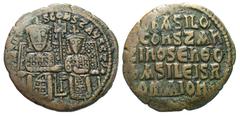 Byzantine Basil I, the Macedonian. 867-886. Æ Follis (26.1 mm, 7.07 g, 7 h). Constantinople mint, 867-876. bASILIO S CONST BASILIS, Basil, crowned, bearded and wearing loros on left and Constantine, c