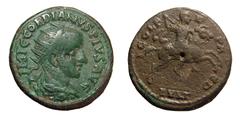Roman Provincial Thrace, Deultum. Gordian III. AD 238-244. AE Triassarion (22 mm, 7.82 g, 7 h). IMP C GORDIANVS PIVS AVG, radiate, draped and cuirassed bust right / COL FL PAC DEVLT, Gordian on horseb
