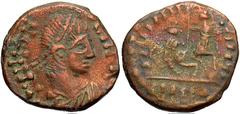 Roman Imperial Constantius II - Barbarous imitation. c. 350-360 AD.. AE Half- or Reduced Majorina (17 mm, 3.71 g). Diademed draped and cuirassed bust right; legend completely reduced to decorative bor