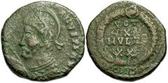 Roman Imperial Julian II, Augustus - Barbarous Imitation. c. 361-370 AD. "Æ3" / billon restored Centenionalis of Constantinople. (Diadem-helmeted cuirassed bust left holding spear and shield; legend: 