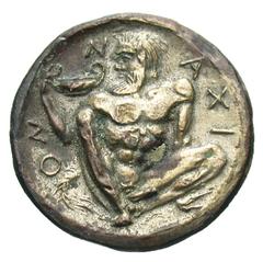 Exonumia Sicily, Naxos. Ca. 461-430 B.C. PB tetradrachm (26.6 mm, 9.69 g). UNIFACE LEAD / ROSA OFF-METAL TRIAL STRIKE. Uniface, ΝΑΧΙΟΝ, Silenos, nude and bearded, squatting half-left, holding kantharo