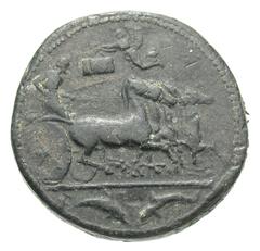 Exonumia Sicily, Syracuse. Second Democracy. 466-405 B.C. PB tetradrachm (23.9 mm, 17.20 g). UNIFACE LEAD / ROSA OFF-METAL TRIAL STRIKE. Charioteer, holding kentron in right hand and reins in left, dr