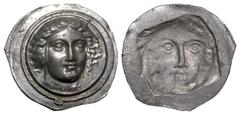 Exonumia Islands off Caria, Rhodos. Rhodes. 408-404 B.C. PB tetradrachm (33.7 mm, 10.56 g). UNIFACE LEAD / ROSA OFF-METAL TRIAL STRIKE. Head of Helios facing slightly right / reverse impression. cf. B