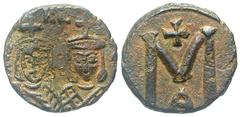 Byzantine BYZANTINE EMPIRE. Michael II, 820-829 AD. AE Follis (2.88 gm) of Syracuse. Crowned facing busts of Michael and Theophilos / Large M. S.1652. VF+, brown patina. Scarce.