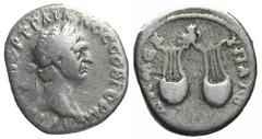 Roman Provincial Lycia. Trajan. A.D. 98-117. AR drachm (17.8 mm, 3.10 g, 7 h). A.D. 98-99. AVT KAIC NEP TPAIANOC CEB ΓEPM, laureate head right / ΔHMEX VΠAT.B, owl standing right above two lyres, pelle
