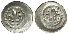 Medieval Germany, Strasburg. Ruprecht II. 1390-1398. AR bracteate pfennig (16.0 mm, 0.48 g, 12 h). Lily with two pellets, within circle of dots / Incuse of the obverse. Haas 1. gVF.
