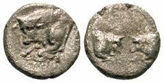 Greek Caria, Uncertain mint. 5th century B.C. AR tetartemorion (7.1 mm, 0.29 g, 12 h). Forepart of bull left / Two foreparts of bulls confronted. SNG Kayhan 968; SNG Keckman 912. aVF.
