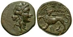 Greek Lydia, Sardes. 2nd-1st century B.C. AE 18 (18.11 mm, 4.52 g, 2 h). Head of Dionysos right, head wreathed with ivy. / ΣΑΡΔΙ/ΑΝΩΝ, ethnic in two lines above horned lion standing left, head facing,