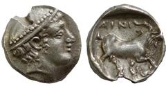 Greek Thrace, Ainos, 408 - 406 BCrnSilver Diobol, 12mm, 1.26 gramsrnObverse: Head of Hermes right wearing petasos.rnReverse: Goat standing left.rnMay307rnrnAn exceptional example without the die rust 
