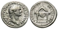 Roman Imperial Titus, 79 - 81 AD Silver Denarius, Rome Mint, 19mm, 3.23 grams Obverse: IMP TITVS VESPASIAN AVG P M, Laureate head of Titus right. Reverse: TR P X IMP XV COS VIII P P, Thone of Jupiter 