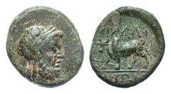 Greek Lydia, Tralleis. 2nd-1st century B.C. Æ 16 (15.9 mm, 2.75 g, 11 h). Laureate head of Zeus right / TPAΛΛI-ANΩN, Humped bull standing left, monogram before. SNG Cop 667; BMC 63. VF.