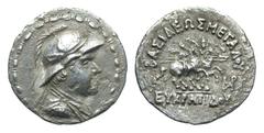 Eastern Cultures Graeco-Baktrian Kingdom. Eukratides I. Ca. 171-145 B.C. AR tetradrachm (33.0 mm, 15.49 g, 11 h). Helmeted, draped and diademed bust right / BAΣIΛEΩΣ MEΓAΛOY EYKPΑTIΔOY, the Dioscuri o