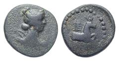 Roman Provincial Lydia, Hierocaesarea. Civic Issue. 100-1 B.C. Æ 19 (18.7 mm, 5.59 g, 7 h). Scarce. Draped bust of Artemis right, wearing stephane, bow and quiver behind shoulder / IEP, forpart of sta