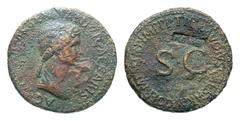 Roman Imperial Agrippina I. Died A.D. 33. Æ sestertius (35.9 mm, 28.82. g, 7 h). Rome mint, Struck under Claudius, A.D. 42-43. Rare. AGRIPPINA M F GERMANICI CAESARIS, draped bust right / TI CLAVDIVS C