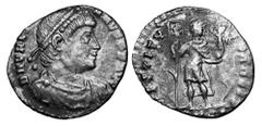 Roman Imperial VALENTINIAN I, 364-375 AD. AR Siliqua (1.50 gm) of Lugdunum. Diademed draped and cuirassed bust / Emperor standing holding labarum and Victory. RIC.6b. Toned VF. ex E. Harptree Hoard. T