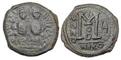 Byzantine BYZANTINE EMPIRE. Justin II, 565-578 AD. AE Follis (11.66 gm) of Nikomedia, yr. 4, B. Justin and Sophia enthroned / Large M. S.369. aVF, green black patina.