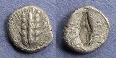 Greek Lucania, Metaponton 470-440 BC, Diobol, .84g: Obv: Barley ear Rev: Incuse barley grain, a circle to each side.. SNG ANS 274.