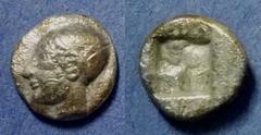 Greek Phokaea, Ionia 521-478 BC, Diobol, 1.12g: Obv: Female head left wearing sakkos and ear-ring Rev: incuse quadripart punch. SNG Kayhan 522.