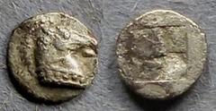 Greek Aeolis, Kyme Circa 450 BC, Hemiobol, .25g: Obv: Horse head right Rev: Incuse square punch. Klein 332.