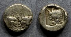 Greek Caria, Uncertain mint 480-450 BC, Diobol, 2.21g: Obv: Heads of two confronted bulls Rev: Forepart of a bull left within an incuse square. SNG Kayhan 949.