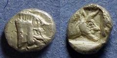 Greek Lycia, Uncertain dynast 520-470 BC, Obol, 1.02g: Obv: Head of a boar right Rev: Head of a man headed bull right. SNG Von Aulock 4102v.