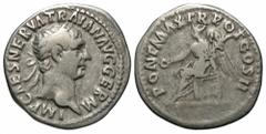 Trajan, 98 - 117 ADSilver Denarius, Rome Mint, 19mm, 3.31 gramsObverse: IMP CAESAR NERVAE TRAIAN AVG GER, Laureate head of Trajan right.Reverse: PONT MAX TR POT COS II, Victory seated left holding pat