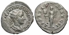 Gordian III, 238 - 244 AD Silver Antoninianus, Rome Mint, 24mm, 3.92 grams Obverse: IMP CAES M ANT GORDIANVS PIVS AVG, Radiate, draped and cuirassed bust of Gordian right. Reverse: LIBERALITAS AVG II,