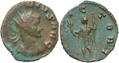 Claudius II, 268 - 270 AD AE Antoninianus, Rome Mint, 18mm, 2.78 grams Obverse: IMP C CLAVDIVS AVG, Radiate, draped and cuirassed bust of Claudius right. Reverse: IOVI VICTORI, Jupiter standing left h
