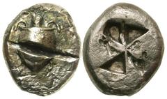Greek Islands off Attica, Aegina. Ca. 510-490 B.C. AR fouree(?) stater (22.05 mm, 10.77 g, 12 h). Sea turtle with smooth shell; banker's mark on shell, "Mill-Sail" incuse punch, SNG Cop 503; SNG Delep